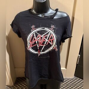 Slayer Graphic Band Tee – Distressed / Cut Neck – Size Small